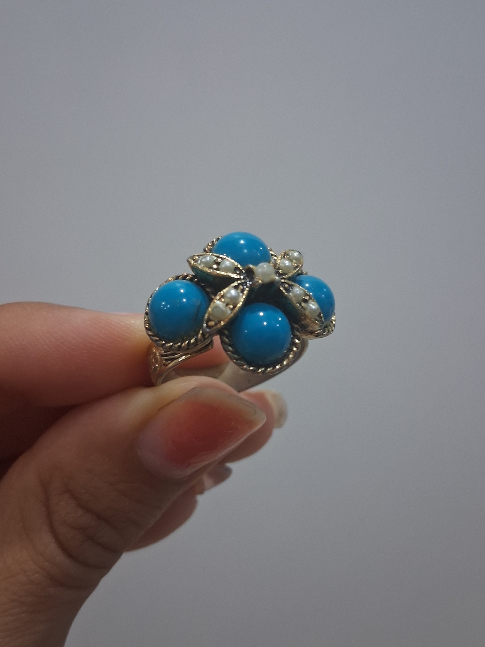 Vintage Faux Turquoise Cluster Cocktail Ring • Gold Tone Boho Adjustable Ring